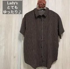 美品☘️レディースゆったり大きめ身幅ストライプシャツブラウス☘️ブラックブラウン半袖
