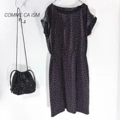 COMME CA ISM 『L』 紺　ドット　ミモレ丈ワンピース　体型カバー