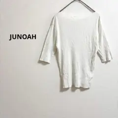 b466【JUNOAH】ホワイトリブ編み五分袖トップス無地定番シンプルカジュアル