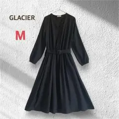 グラシア ロングワンピース M ネイビー Aライン フレア シンプル ベルト付き