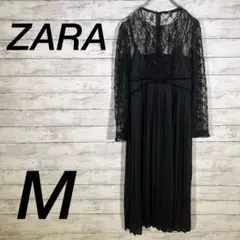【美品】ZARA レースシフォンプリーツワンピース 大人 長袖 ブラック M
