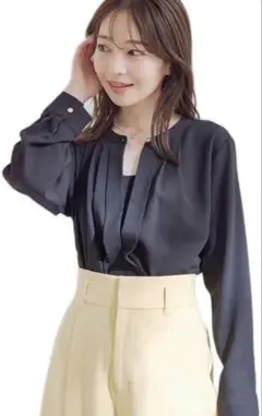 VIS ビス【防シワ・洗える】フロントタック長袖ブラウス ブラック