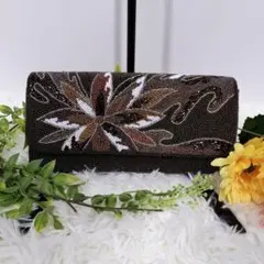 総ビーズ刺繍 クラッチバック 手鏡付き ブラウン ビックポーチ バニティ