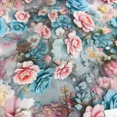1㍍長ピンク＆水色の薔薇の立体プリント生地ハギレ布