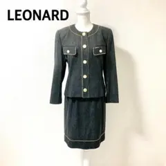 【美品 レオナール デニム素材 スカートスーツ Mサイズ 黒 絹100%】