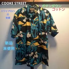 COOKE STREET綿アロハシャツ黒海島ヤシ風景柄M新品未使用