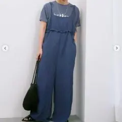 Samansa Mos2 blueワッシャーフリルボリュームサロペット　ネイビー