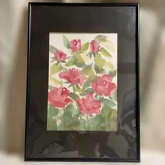 赤いバラの水彩画 フレーム付き
