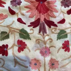 インド刺繍、花柄刺繍ストール フリンジ付き