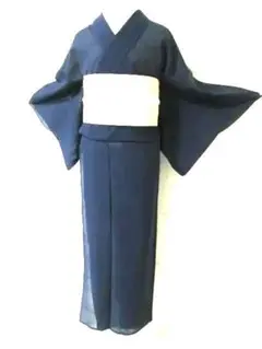 値下げ～夏の色無地着物・波柄・紺色・正絹紗・美品　M‐25
