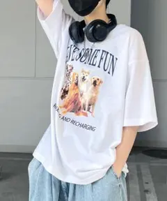 ills【M】ビッグシルエット半袖プリントTシャツ ゆるだぼ ユニセックス 白