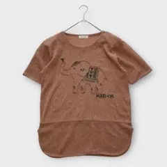 ナチュラル系 アジアンゾウ刺繍 Tシャツ 半袖 薄手 オレンジブラウン 洗える
