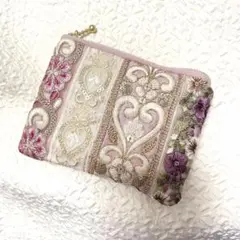 《130》インド刺繍リボンポーチ　ピンク　ヌビキルト