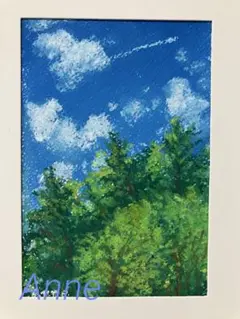 【オリジナル原画】　オイルパステル　青空　夏の空　飛行機雲　パステル　風景画