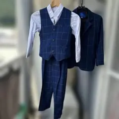 子供用 ネイビー チェック柄 スーツセット 140cm 4点セット　フォーマル