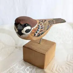手作り　木彫りスズメ　バードカービング　すずめ　小鳥