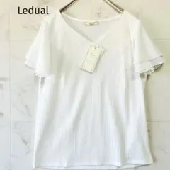 【Ledual】新品ホワイト Vネック シフォンフリル袖 Tシャツカットソー　L