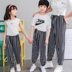 キッズ　パンツ　ストライプ　ロングパンツ　女の子　男の　ボトムス　130　黒　白