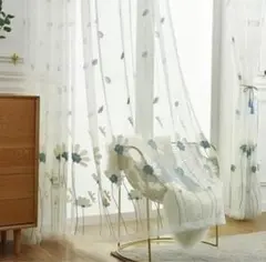 レース カーテン 2枚セット 100×200 ブルー 青 花柄 おしゃれ レトロ