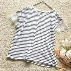 シネマクラブ　袖レースカットソー　半袖Tシャツ　ボーダー　綿100% LL白