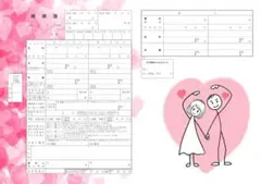 婚姻届 ピンク ハート背景と棒人間風カップルのイラスト A3×3枚セット