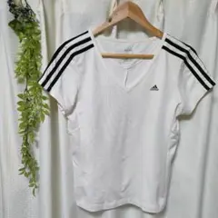 adidas Vネック 半袖Tシャツ ホワイト　スポーツ　ドライTシャツ