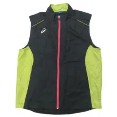 【美品】asics 軽量 ジッパーベスト ブラック/ライム L
