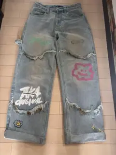 TAKA ORIGINAL ペイント ダメージ ワイドデニムパンツ Sサイズ