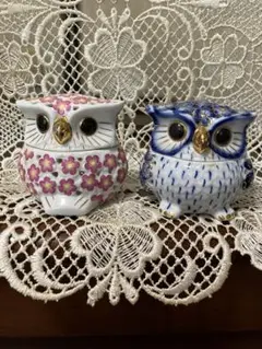 ！お値下げ！ふくろう　フクロウ陶器置物　香炉　小物入れ　ポプリホット2点セット