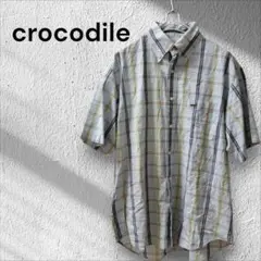 【クロコダイル】(L) メンズ半袖チェックシャツ 胸ポケット ロゴ