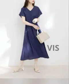 【ViS】袖フリルワンピース 洗える 前後2way カジュアル 無地 ネイビー