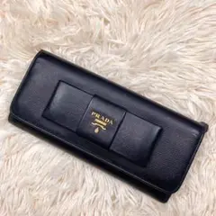 美品✨PRADA プラダ 長財布 サフィアーノレザー リボン ブラック 黒