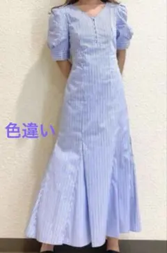 【可愛い】And Couture ストライプ　半袖ワンピース　ブルー　M