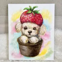 【犬とイチゴの手描きアート】 原画　キャンバス画　絵画　似顔絵