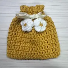 【ハンドメイド】マスタードカラー 編み物 巾着袋