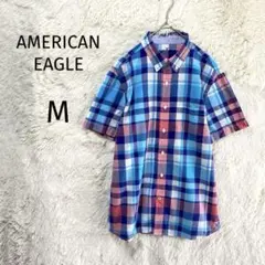 アメリカンイーグル/半袖チェックシャツ/M/ワンポイント刺繍 ブルー系