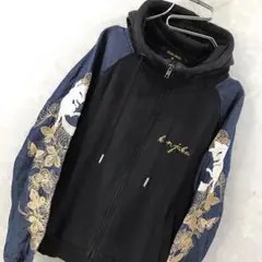 KONJAKU 和柄 キツネ 蝶々 刺繍 パーカー ブラック M