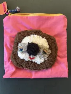 動物顔刺繍ポーチ ピンク