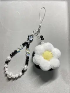 花デザイン スマホストラップ 白黒