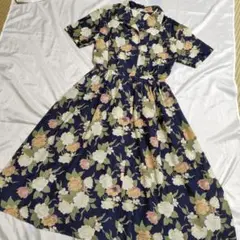 花柄半袖シャツワンピース ネイビー