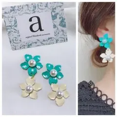 2300-5 グリーン×アイボリー☺︎2連カラーフラワーパールピアス☺︎