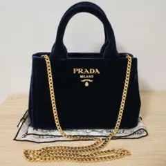 希少カラー☆PRADA☆ベロア カナパ ハンドバッグ ネイビー