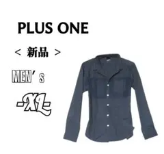 新品メンズXL ◇PLUS ONE◇ニット切替デザイン長袖シャツ　navy