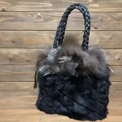 【ハンドバッグ】ファーバッグ 巾着タイプ 持ち手レザー ファー