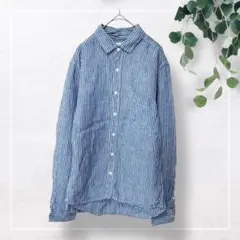 【バックナンバー】リネン100%ストライプ長袖シャツ(M)薄手 麻 ブルー