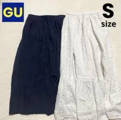 GU チェックフレアスカート コットンレースティアードロングスカート S