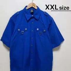 USA古着　アーミーシャツ　半袖　 XXL　ブルー　無地　コットン　ミリタリー