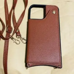 ブラウン 合皮 iPhone13Promax ケース ストラップ付き