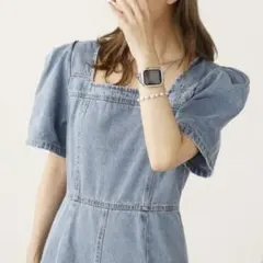 スクエアネックパフスリーブデニムワンピース