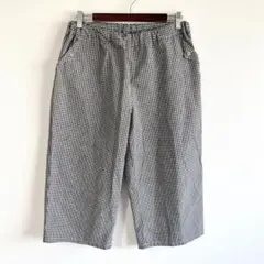 4770【美品】ギンガムチェック柄クロップド丈パンツ　ハンドメイド　ゆったり　黒